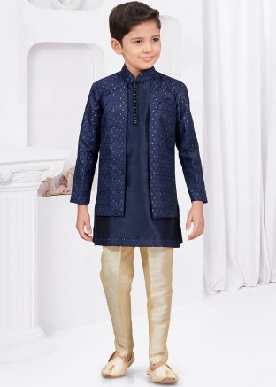 Blue Readymade Kids Banarasi Silk Sherwani In Jacket Style