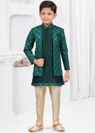 Green Readymade Kids Jacket Style Sherwani In Banarasi Silk