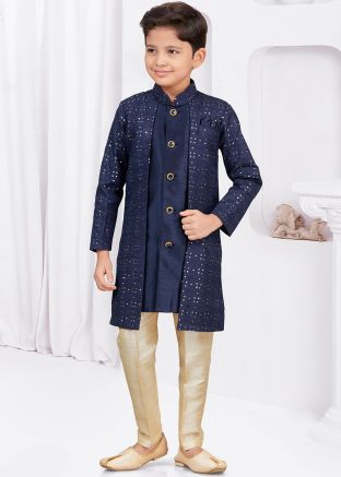 Navy Blue Readymade Kids Jacket Style Sherwani 