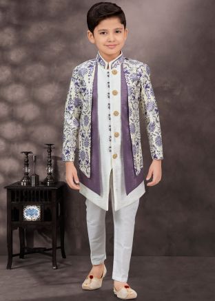 White & Purple Kids Readymade Jacket Style Sherwani