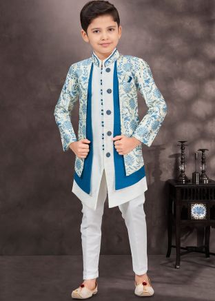 White & Blue Kids Readymade Sherwani In Jacket Style