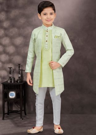 Pastel Green Kids Readymade Banarasi Jacket Style Sherwani