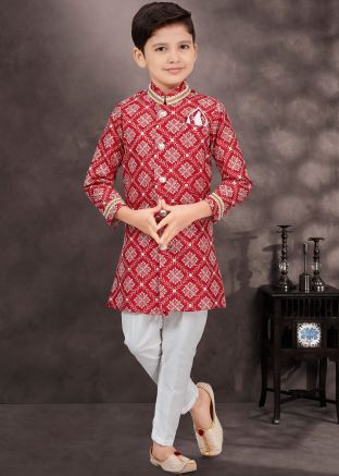Maroon Readymade Kids Indowestern Sherwani In Banarasi Silk