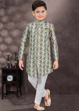 Green Readymade Kids Indowestern Sherwani In Jacquard