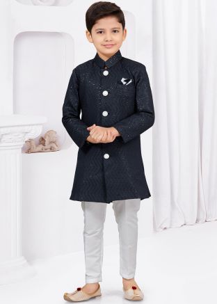 Navy Blue Readymade Kids Sherwani In Indowestern