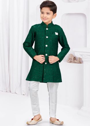 Green Readymade Kids Indowestern Sherwani In Banarasi Silk