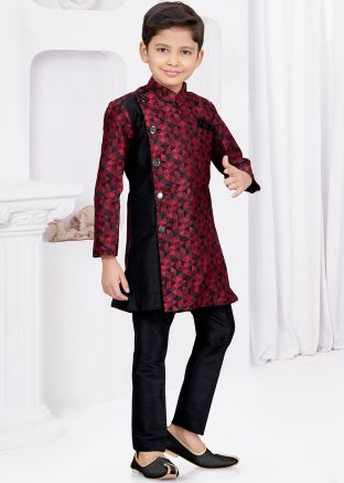 Maroon Readymade Kids Indowestern Sherwani In Jacquard