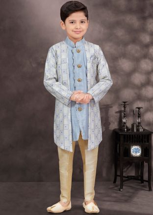 Pastel Blue Kids Readymade Jacket Style Sherwani 