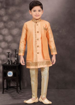 Orange Kids Readymade Sherwani In Jacket Style