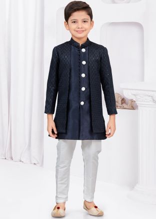 Navy Blue Kids Readymade Overlapped Sherwani In Embroidery
