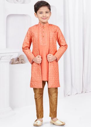 Peach Readymade Indowestern Sherwani In Banarasi Silk