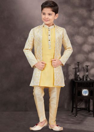 Yellow Kids Readymade Embroidered Jacket style Sherwani 