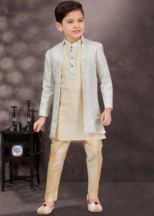 Cream Kids Readymade Kids Sherwani In Jacket Style