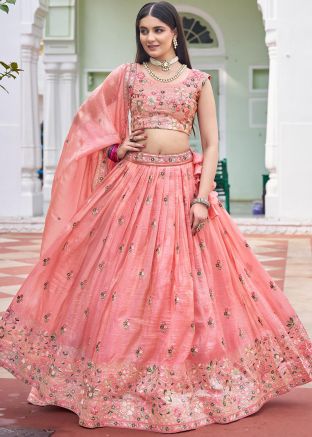 Peach Organza Lehenga Choli With Floral Embroidery