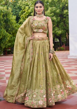 Green Organza Lehenga Choli With Thread Embroidery