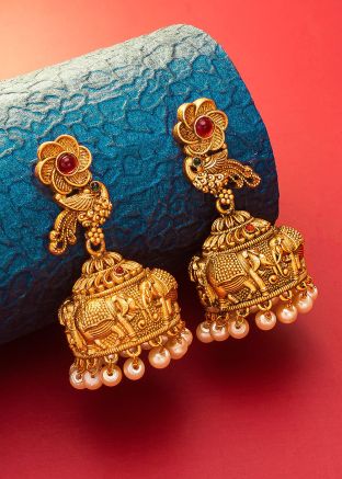 Buy Ethnic Embossed Golden Indian Jhumka Earrings