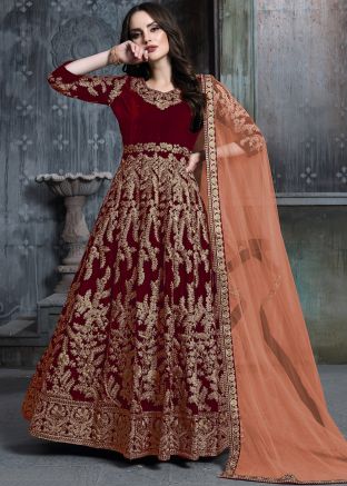 Maroon Embroidered Velvet Bridal Anarkali Suit