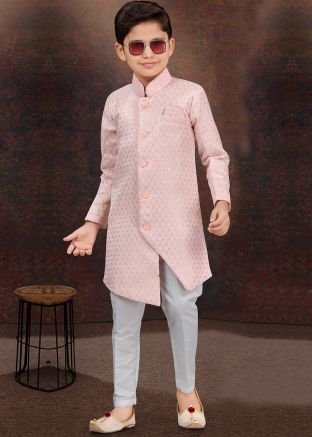 Readymade Pink Embroidered Kids Indo Western Sherwani