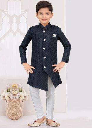 Readymade Navy Blue Embroidered Kids Indo Western Sherwani