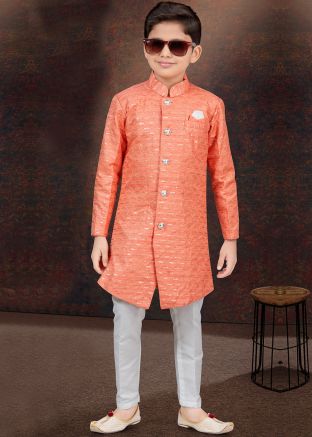 Orange Readymade Kids Embroidered Indo Western Sherwani