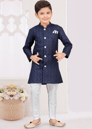 Navy Blue Readymade Kids Embroidered Indo Western Sherwani