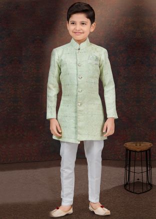 Sage green Embroidered Kids Readymade Indo Western Sherwani