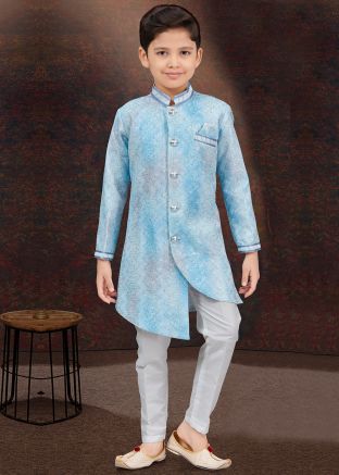 Blue Kids Readymade Digital Print Indo Western Sherwani