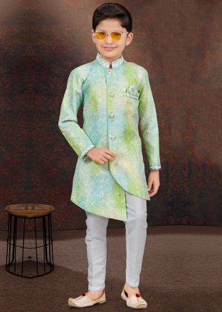 Green Kids Readymade Digital Print Indo Western Sherwani