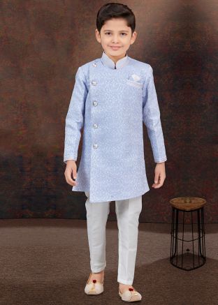 Blue Readymade Kids Embroidered Indo Western Sherwani