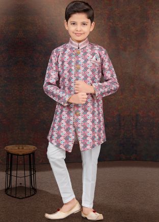 Multicolor Kids Readymade Printed Indo Western Sherwani