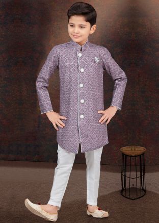 Purple Kids Readymade Printed Indo Western Sherwani