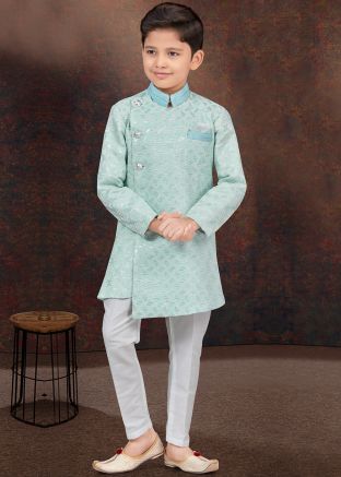Mint Green Embroidered Kids Readymade Indo Western Sherwani