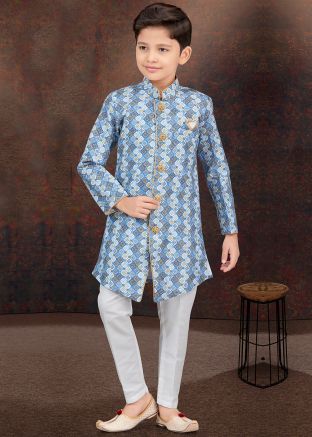 Blue Kids Readymade Printed Indo Western Sherwani