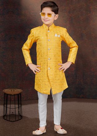 Yellow Readymade Embroidered Kids Indo Western Sherwani