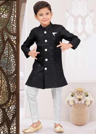 Readymade Black Kids Embellished Indo Western Sherwani