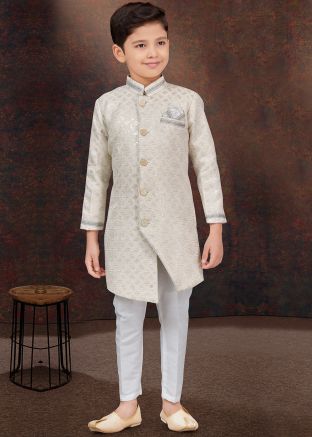 Readymade Cream Kids Sequins Work Indo Western Sherwani