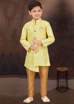 Readymade Kids Sequins Work Yellow Indo Western Sherwani