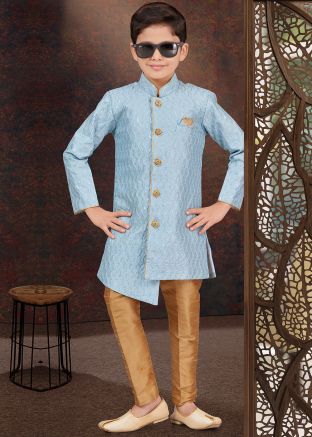 Readymade Kids Embroidered Blue Indo Western Sherwani