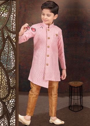 Readymade Kids Embroidered Pink Indo Western Sherwani
