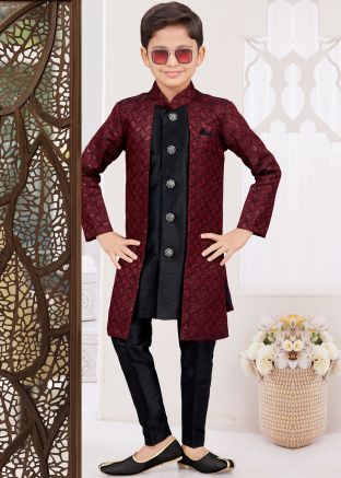 Maroon & Black Embroidered Readymade Kids Indo Western Sherwani
