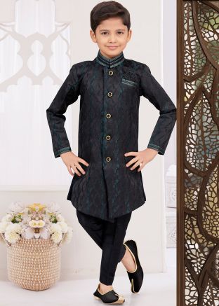 Kids Readymade Black Embroidered Indo Western Sherwani