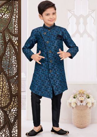 Kids Readymade Blue Embroidered Indo Western Sherwani