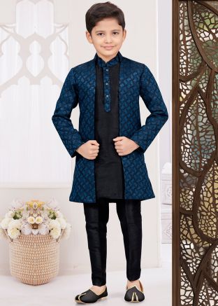 Kids Blue Readymade Embroidered Indo Western Sherwani