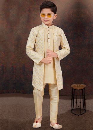 Cream Embroidered Readymade Kids Indo Western Sherwani