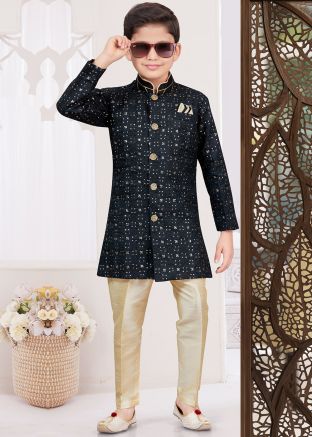 Black Readymade Kids Embroidered Indo Western Sherwani