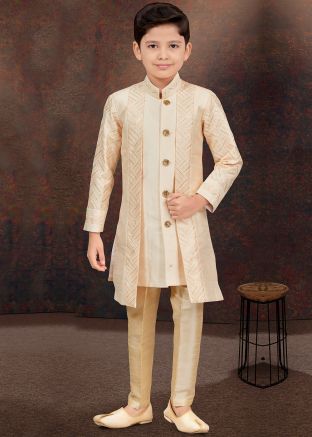 Cream Readymade Kids Embroidered Indo Western Sherwani
