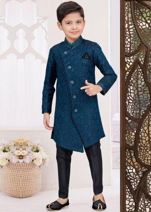Blue Readymade Embroidered Kids Indo Western Sherwani