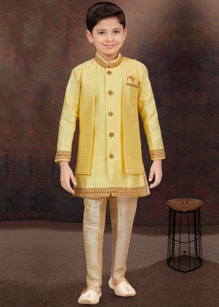 Yellow Kids Readymade Embroidered Indo Western Sherwani