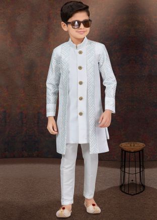 Readymade Kids Off White Embroidered Indo Western Sherwani