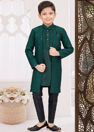 Green Readymade Kids Embroidered Indo Western Sherwani